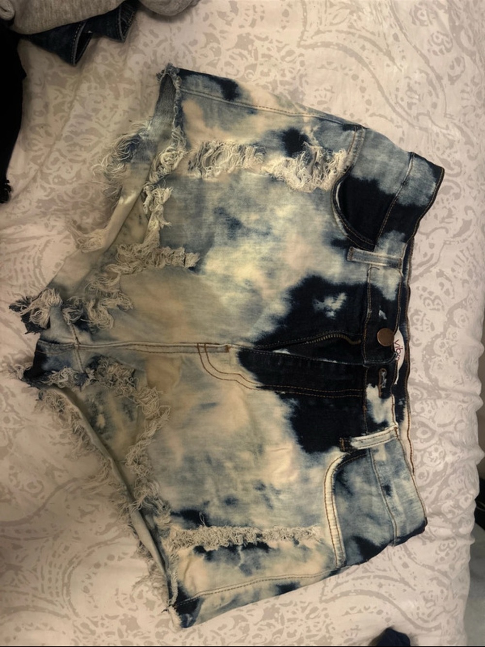 Vibrant Tie-Dye Light Blue & Navy Distressed Jean Shorts